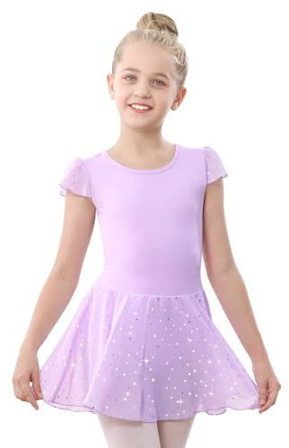 Stelle Ballet Leotards for Girls Dance Leotard with Shiny Skirt Toddler Pink Ballet Outfit Ruffle Sleeve Kids Dance Dress (Lavender,4-5 Years)