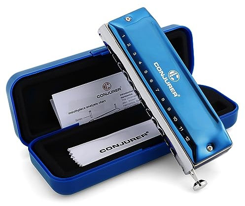 Conjurer Chromatische Mundharmonika C-Dur mit Ventilen, 12-Loch Harp Profiinstrument Harmonika für Fortgeschrittene Professionelle, Klang mit hochwertigen Messing Stimmzungen, 1248 C Dur, Blau