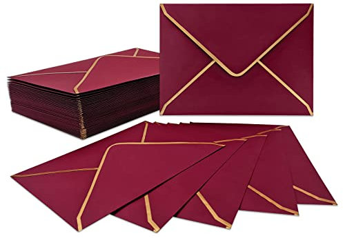 50 Stück Einladungsumschläge A7 Größe, Rot Umschläge 13.5 x 18.5 cm, 5x7 Briefumschlag schnell verschließbare Umschläge mit goldfarbenem Rand