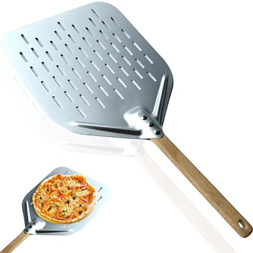Pizzaschieber Perforiert, 12 Zoll Perforiert Pizzaschaufel Pizzaheber und Brotschieber mit Verbrühungshemmend Griff, Pizzaheber aus Hart Eloxiertes Aluminium für hausgemachte Pizza,Brot,Kuchen