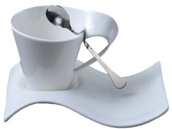 soulnioi Juego de 3 piezas de capuchino (taza+cuchara+platillo), platillos blancos en forma de onda para café con leche, capuchino, para cocina arty, cubiertos de desayuno en el hogar (taza de 90 ml)