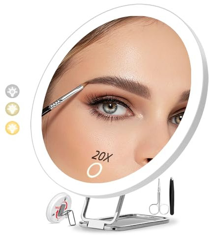 Miroir grossissant x15,2 cm avec ventouse lumineuse, miroir de maquillage à LED pour épilation avec support à 360°, miroir personnel éclairé 3 couleurs, miroir 20x concave zoom 20 fois pour plus de