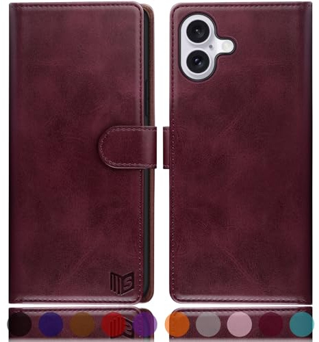 SUANPOT compatible with iPhone 16 6.1 case with [Credit Card Holder][RFID Blocking],PU Leather Flip Book Protective Cover Women Men for Apple 16 Phone case Wine Red