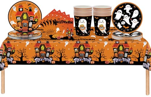 69 Pièces Vaisselle de Fête Halloween,Assiettes Carton Jetable Gobelets Serviettesr en Papier et Nappe Plastique,Vaisselle Recyclable Kit Orange Decoration Halloween Fournitures de Fêtes