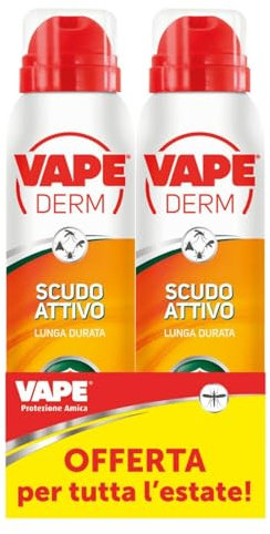 Vape Derm Spray Scudo Attivo Bipacco 100ml x 2, Spray Repellente Zanzare, Zecche e Tafani, Protezione per Adulti e Bambini anche con Sudore