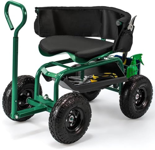 GiantexUK Adjustable Rolling Garden Cart, Outdoor Gardening Planting Station Trolley with Swivel Seat, Extendable Handle, Tool Tray & Basket, Heavy Duty Garden Work Scooter, 90x61x57-81cm (Green)