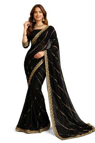 Svayi Women’s Georgette Embroidery Saree with Blouse Piece (SR1252-Black)