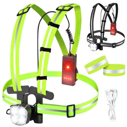Luce da corsa con riflettori, lampada toracica ricaricabile USB per jogging, lampada toracica con 2 cinghie e nastri riflettori, angolo di irradiazione regolabile