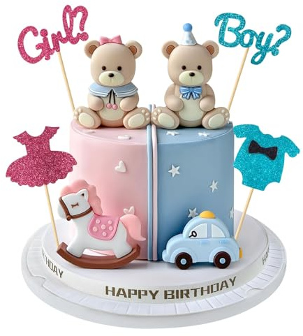 8 styck Cake Topper Gender Reveal, Pojke eller Flicka Tårtdekoration Set med Glitter Klänning & Byxor, Nalle, Bil & Gungstol, Babyparty Dekoration Pojke Flicka, Baby Shower Tårtdekoration Pojke Flicka