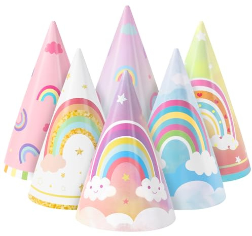WERNNSAI Rainbow Party Hats for Kids - 12 PCS Colorful Birthday Cone Hats Rainbow Party Decorations Unicorn Paper Headwear with Elastic String for Kids Baby Shower Classroom Activities