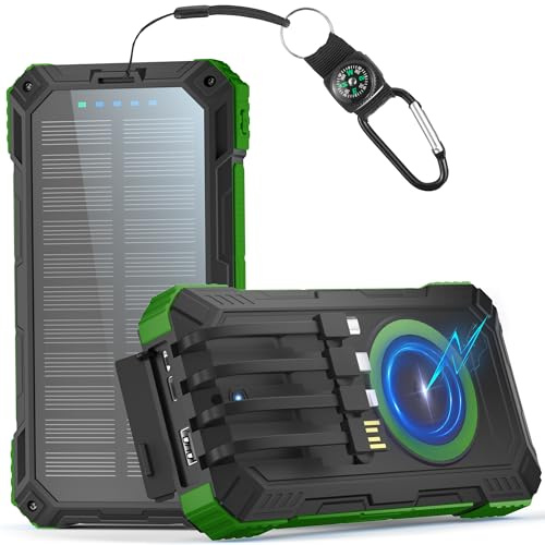 56800mAh Batterie Externe Solaire avec 4 Câbles: PD30W Batterie Externe sans Fil 6 Sorties 3 Entrées, Chargeur Portable Charge Rapide avec Lampe LED Camping Boussole pour Téléphones