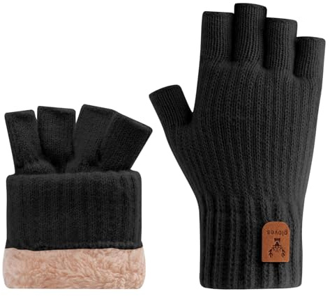Gants sans doigts pour femmes hommes hiver thermiques demi-doigts avec doublure en polaire gants tricotés doux et chauds pour dames travail en extérieur, Noir , taille unique