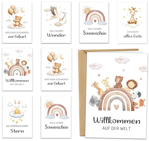 Karte zur Geburt mit Umschlägen 12er Set, A6 Klappkarten Babykarten, Aquarell Glückwunschkarte Geburt für Mädchen & Jungen, Baby Karte Geburt Mit Blanko Innenseite, Babygeschenke