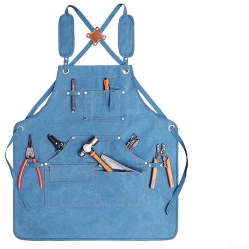 Delantal de trabajo, delantal de lona gruesa impermeable, delantal de trabajo para taller, cocina, manualidades (azul claro)