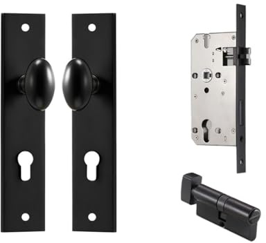 Brass Door Lock Set Modern Egg Shaped Knob Long Plate, Interior Lever for Bedroom & Bathroom Double Wooden Doors, Dummy Handles(BK-QBCF)