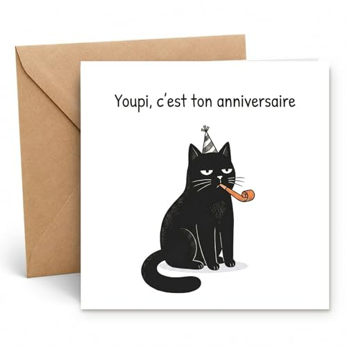 Edition Seidel Premium Carte d'anniversaire carrée avec enveloppe. Carte de vœux française Joyeux Anniversaire pour Hommes Femmes Amis Amies chat drôle (GQ819 SW026)