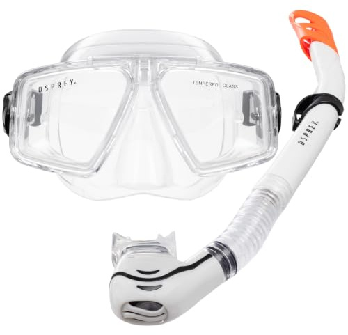 Osprey Adult Snorkel Set with Tempered Glass Mask & Silicone Snorkel | Tempered glass mask, silicone semi-dry snorkel, anti-leak, split-lens for snorkelling, diving & swimming