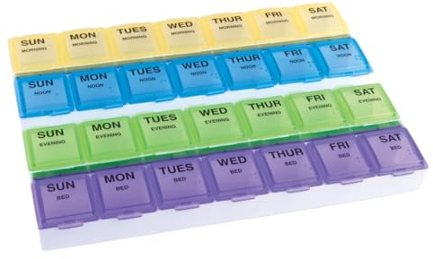 EZY DOSE Weekly (7-Day) Daily Medtime Pill Case, Medicine Planner, Vitamin Organizer, Supplement and Fish Oil Container, Large Compartments with Rounded Base, 4 Times a Day, Colored Lids, BPA Free