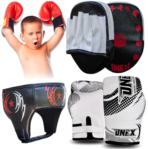 Kids Boxing Gloves 2oz with Head Guard & Focus Pads | Complete Kids Boxing Training Set | Safe Boxing Equipment for Boys & Girls Ages 3-8 | Perfect for Martial Arts, MMA & Sparring