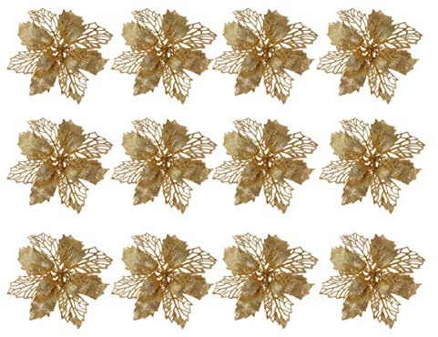Toyvian 12 stycken julgranspynt, glitter, Poinsettia, julgransprydnad, konstgjorda julblommor, dekoration för julgran, julkrans