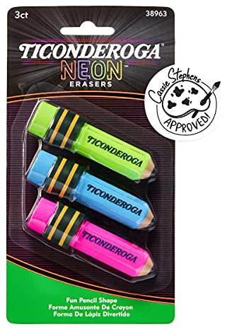 Ticonderoga Pencil Shaped Erasers, Neon, 3 Count
