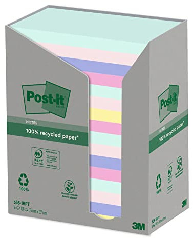 Post-it Recycling Notes, Assortierte Farben, Packung mit 16 Blöcken, 100 Blatt pro Block, 76 mm x 127 mm, Farben: Grün, Pink, Blau, Gelb - Selbstklebende Notizzettel aus 100% Recyclingpapier