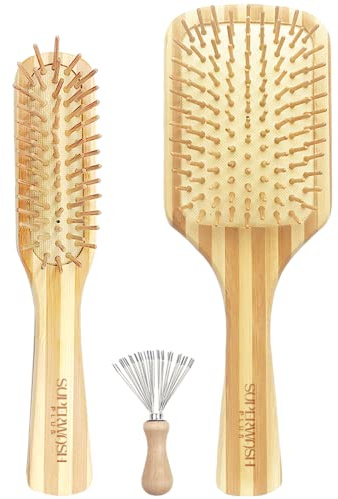 Hair Brush Set for Women & Men, Natural Bamboo Bristles Wet Dry Flat Paddle Detangling Bamboo Brushes Fit All Types Hair, Brush Cleaner Tool included - 3 Pack