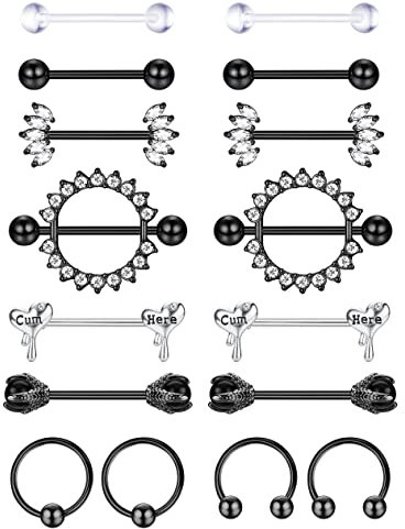 Kakonia 8Paar 14G Nippelpiercing für Damen Chirurgenstahl Schwarz Rosegold Silber Edelstah Glitzer Brustwarzenpiercing Herz Nippelringe Brustwarzen Zirkonia Set für Damen Heren