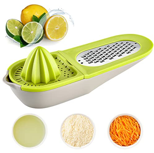 FainFun Zitruspresse Manuell Kunststoff, Zitronenpresse Plastik Einfach, Multifunktionale Manuelle Saftpresse, Orangenpresse Manuell, Obstreibe, Käsereibe mit Behälter für Käse, Gemüse, Knoblauch