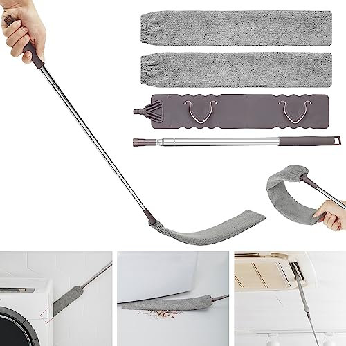 VORHOT Plumero Plano, Cepillo Limpieza de Polvo con Varilla Telescópica de Acero Inoxidable, Limpiador Retráctil, Plumero Atrapapolvo Microfibra Lavable para Piso, Debajo Sofá y Cama