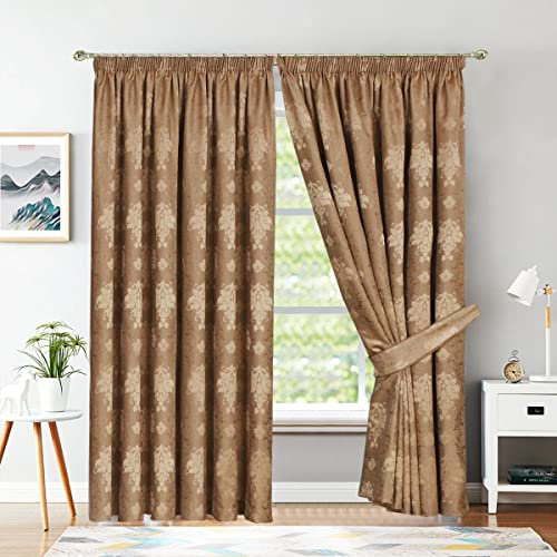 BQC Pencil Pleat Curtains for Living Room Bedroom Jacquard Fully Lined Readymade Virginia Pair Panels with 2 Free Tie Backs (W 66'' x L 90'', Coffee)