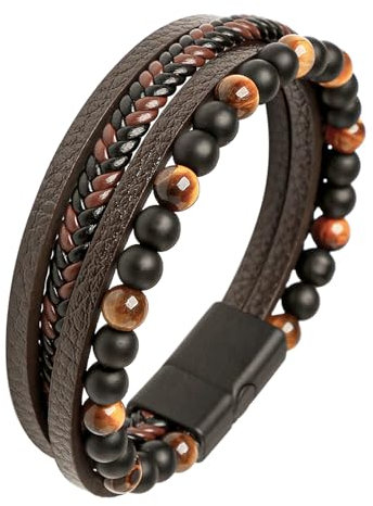 Mochity Lederarmband Herren, Herren Armband Edelstahl, Viking Herrenarmband, Schwarz Armbänder Für Männer, Männer Geschenke (A)