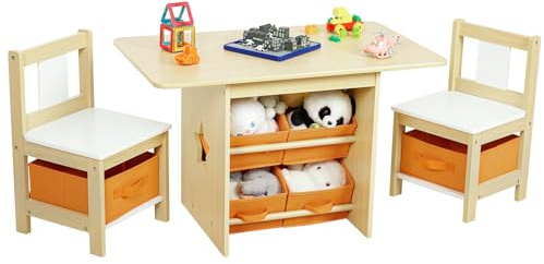 Vilaxing Kids Table and Chair Set (2 Chairs Included), Wooden Toddler Desk Group with 6 Storage Bins Boxes, Children's Furniture, Water Resistant (Natural)