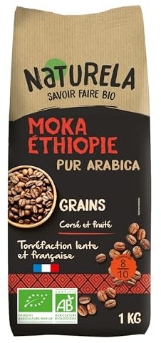 NATURELA - Café Grains Bio - Café Arabica Bio - Moka Ethiopie - Torréfaction Lente - Fabriqué En France - 1 KG
