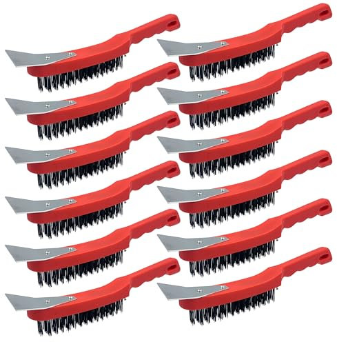 Wire Brush Set - Multipurpose Wire Brushes for Cleaning with Metal Scraper and Easy to Grip Plastic Handle − Rust Remover for Metal and Heavy Dirt Cleaning - Pack of 12