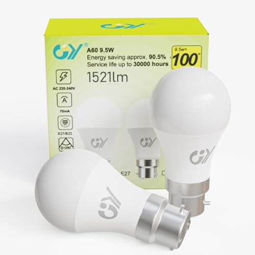 GY Ampoule LED B22 Classe C 9.5W (Équivalent 100W) ，1521 Lumens 6500K Blanc Froid ， A60 Ampoules Culot B22 Baïonnette LED, Économie d'Énergie,Angle 280°, Non-Dimmable，Lot de 2