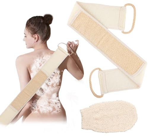 Rückenschrubber und Peelinghandschuh, Exfoliating Gloves, Leinen Duschbürste Rücken, Waschhilfe Doppelseitiger Exfoliate Abgestorbener, 2 Stück Badezubehör für Damen Herren, Bad und Dusche(Reis-Weiß)