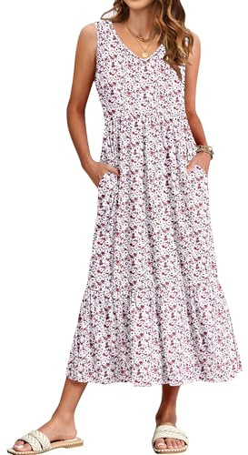 WNEEDU Vestido Largo Sin Mangas Mujer Vestidos Verano para Playa Informal con Cuello en V y Bolsillos