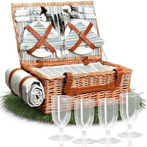 LECURE® Picknickkorb 4 Personen [inkl. Kühltasche] - 25-TLG. Picknick-Set mit handgefertigtem Weiden-Korb [44x31cm], Geschirr, Besteck & wasserfester Picknickdecke