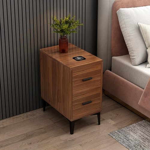 Moderna mesita de noche de nogal con estación de carga y dos cajones, mesita de noche pequeña con mesa auxiliar de madera de almacenamiento para ahorrar espacio, fácil montaje y función de luz.