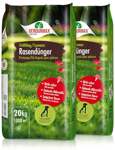 Verdurmax 2 x 20 kg d'engrais pour gazon Printemps & Été – Engrais à libération prolongée avec azote pour 2000 m² de gazon vert luxuriant – Sans danger pour les chiens – Compatible avec épandeur