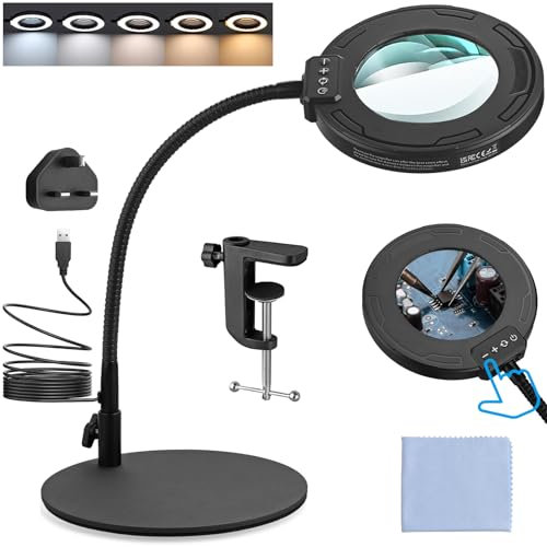 eSynic 10X Desk Magnifier Lamp Magnifying Glass with 72 LED Light Tabletop&Clamp Style with Metal Base| Stepless Dimming| Warm&Cold Light| Adjustable Goose Neck| USB Adaptor for Reading Craft Hobbies