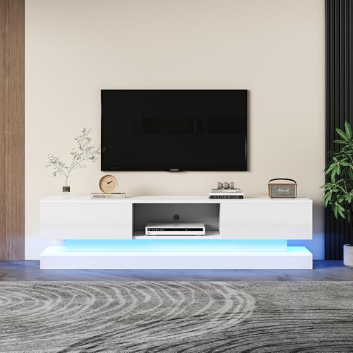 LANTRO JS LED TV Stand Cabinet 160cm, White TV Unit for 75 inch TV, TV Stand White with 16 Colour RGB LED Lights, High Gloss Front TV Cabinet with 2 Drawers and 1 Open Storage Space