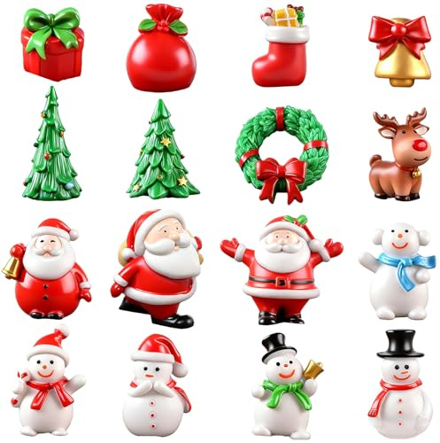 MUNSKT Mini Christmas Ornaments, 16 Pcs Miniature Christmas Figurines Decoration, for Xmas Tree, Home, Table, Cake Decorations, Festive Holiday Decor