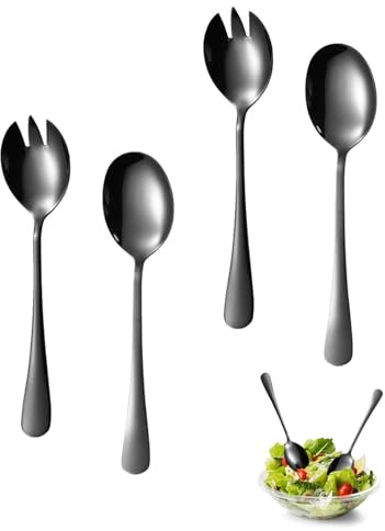 HUVZOR 4 Pezzi Posate Insalata, 2 Cucchiai da Insalata e Set di 2 Forchette da Insalata, Set di Posate per Insalata Lucidato e Rettificato con Rivestimento Antiaderente per Ristoranti, Case(Nero)
