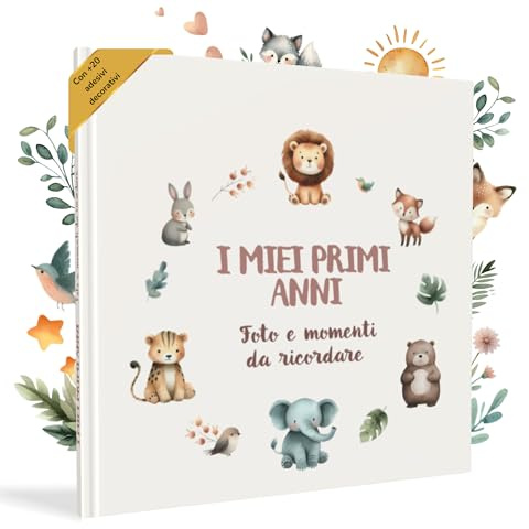 HuBorns - Album Nascita Bambina e Bambino per Incollare Foto e Scritte con +50 Pagine e Adesivi, Album Fotografico Neonato per il Primo Anno fino a 5 Anni, Ideale per Regalo Nascita
