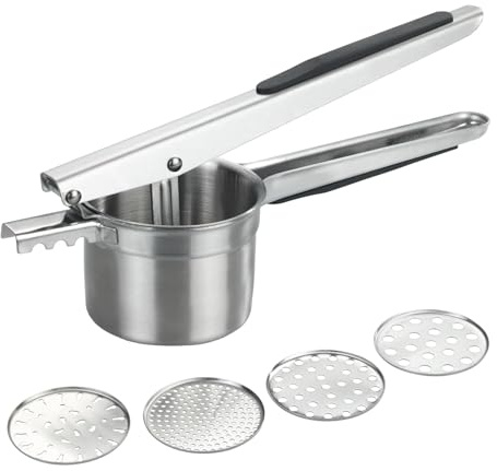 WENKO Prensa multiusos XL de acero inoxidable, prensa para patatas grande y prensa de cocina con 4 accesorios, volumen de 330 ml, asas de silicona antideslizantes, apto para lavavajillas