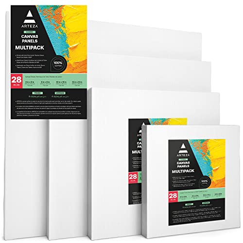 Arteza Set da 28 Tele per Dipingere, Multi Pack, 6x6, 8x8, 10x10, 12x12, Prestirata Bianca, 100% Cotone con Anima in Cartone Riciclato, Per Acrilici, Olio, e altre Tecniche Miste, Tele per Artisti