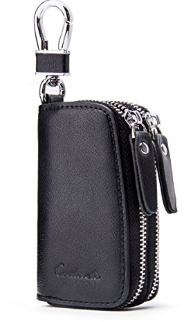 Contacts Portachiavi in pelle, unisex, grande, con 2 zip, in pelle, a portafoglio, per chiavi dell'auto, Nero , Taglia unica