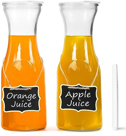 Winter Shore Jarra Agua Cristal con Tapas Acrílicas [Pack de 2]- Botella Cristal 1 Litro con Etiquetas de Pizarra y Rotulador Blanco - Contenedor Transparente Apto para Alimentos, Bebidas, Zumo, Vino